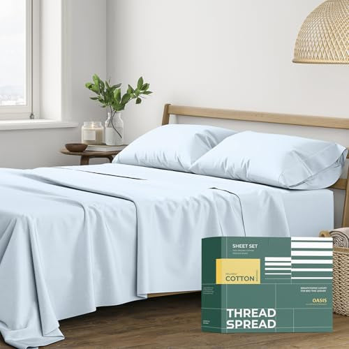 THREAD SPREAD 100% Organic Cotton Sheets King Size - 4 PC Organic Cotton King Size Percale Weave Sheet Set, Soft, Cooling & Crisp, 16" Deep Pocket Hotel Quality Bedding Set - Light Blue THREAD SPREAD