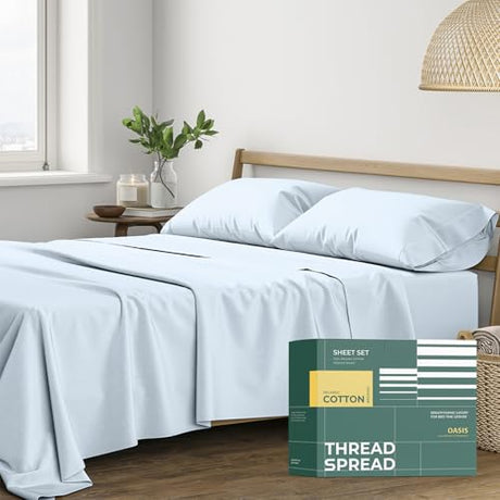 THREAD SPREAD 100% Organic Cotton Sheets King Size - 4 PC Organic Cotton King Size Percale Weave Sheet Set, Soft, Cooling & Crisp, 16" Deep Pocket Hotel Quality Bedding Set - Light Blue THREAD SPREAD