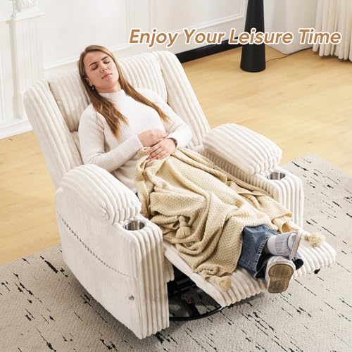 Oversized Power Recliner Chair with Massage and Heat, Swivel Rocker Recliner Chair for Adults with Arm Storage, Nursery Glider Recliner with Adjustable Headrest and Phone Stand, Side Pockets, Beige