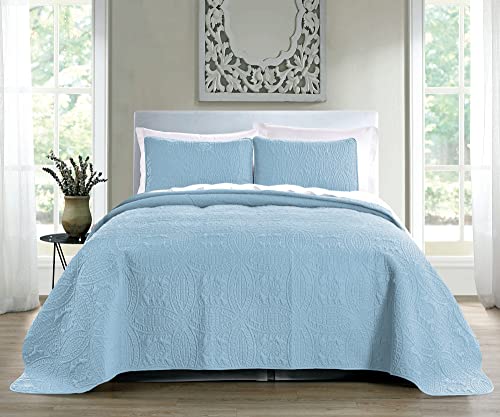 Quilt Set King/Cal King/California King Size Sky Blue - Oversized Bedspread - Soft Microfiber Lightweight Coverlet for All Season - 3 Piece Includes 1 Quilt and 2 Shams, Geometric Pattern Pure Bedding