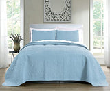 Quilt Set King/Cal King/California King Size Sky Blue - Oversized Bedspread - Soft Microfiber Lightweight Coverlet for All Season - 3 Piece Includes 1 Quilt and 2 Shams, Geometric Pattern Pure Bedding