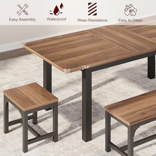 Garvee 47.3"-63" Extendable Dining Table for 4-8, Rectangular Wood Kitchen Table with Strong Metal Frame, Industrial Long Dining Room Table with 2 Benches and 2 Stools for Kitchen Living Room Home Garvee