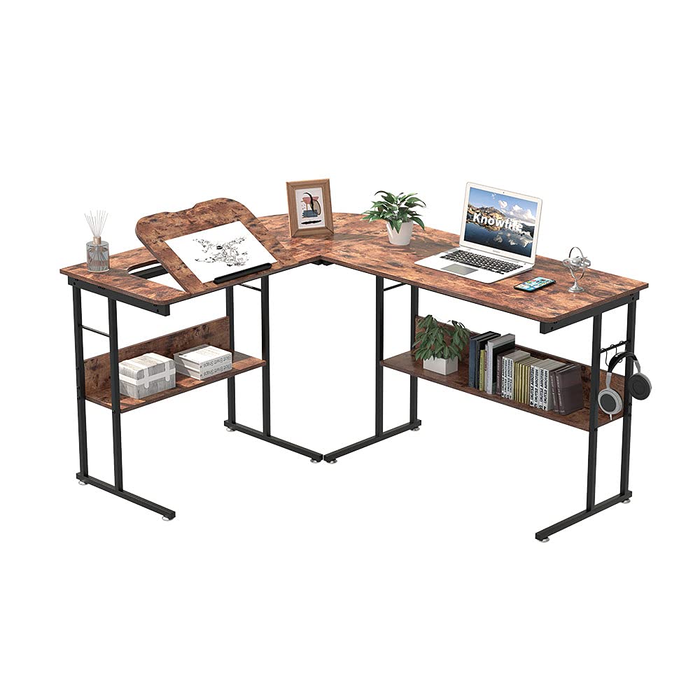 Knowlife Computer Desk L Shaped Desk 58 inch with Round Corner and Hooks Tiltable Desk for Small Space Brown - WoodArtSupply