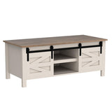 Furmax Coffee Table with Storage and Sliding Barn Doors, Farmhouse Living Room Table with Adjustable Shelves, Wood Rustic Center Table for Home Living Meeting Room (Antique White) Furmax
