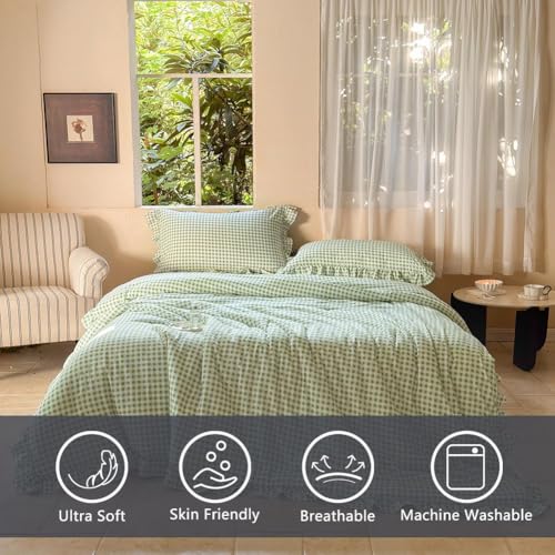 NSNLGSGC Sage Green Ruffle Gingham Comforter Set Queen, Pre-Washed Ruffled Plaid Checked Comforter Bedding, 3 Pieces Vintage Farmhouse Grid Bedding Set(Green Gingham, Queen) NSNLGSGC