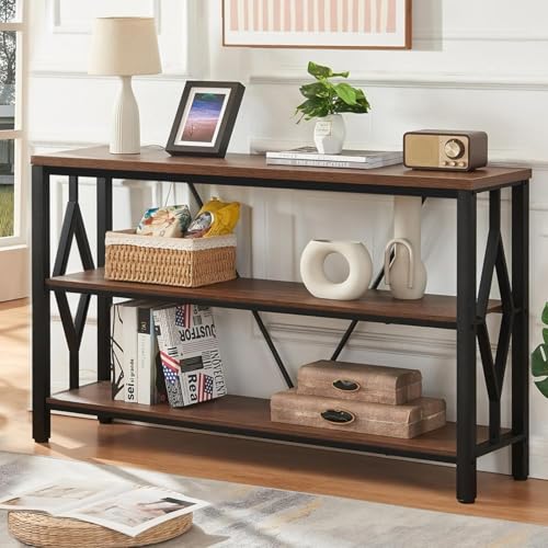 HOMISSUE Sofa Console Table, Rustic Console Table with 3-Tier Storage, Engineered Wood Sofa Tables with Open Shelves, Heavy Duty Entryway Tables for Living Room, Hallway (47 Inch, Rustic Brown) HOMISSUE