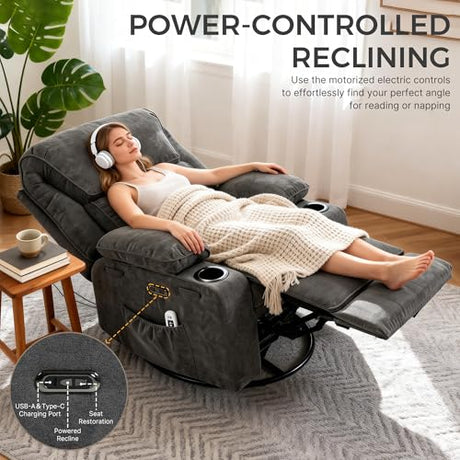 Power Recliner with Rocking, Swivel & Glider - Nursery Chair with One-Touch Button, Vibrating Massage & Heat, USB Charging Ports, Perfect for Nursery, Living Room, or Bedroom Relaxation, Dark Gray BRTHORY