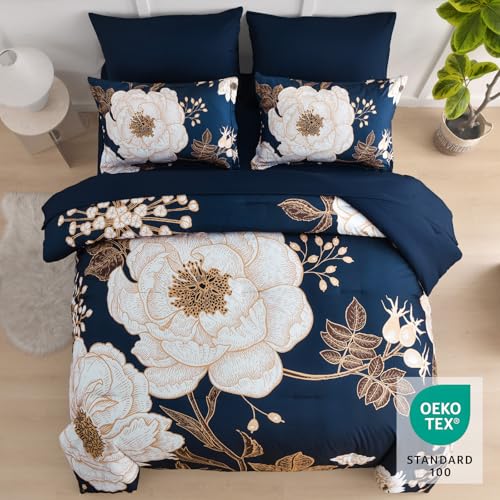 Luxudecor Floral Queen Comforter Set 7 Pieces Bed in a Bag, White Flower Print on Navy Blue Bedding Set, Soft Reversible Comforter with Sheet Set 90"x90" Luxudecor