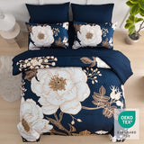 Luxudecor Floral Queen Comforter Set 7 Pieces Bed in a Bag, White Flower Print on Navy Blue Bedding Set, Soft Reversible Comforter with Sheet Set 90"x90" Luxudecor