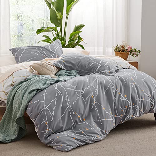 Bedsure Duvet Cover Twin Size - Reversible Botanical Duvet Cover Set with Zipper Closure, 2 Pieces Grey Bedding Set with 8 Corner Ties and 1 Pillow Sham 20"x26" Bedsure