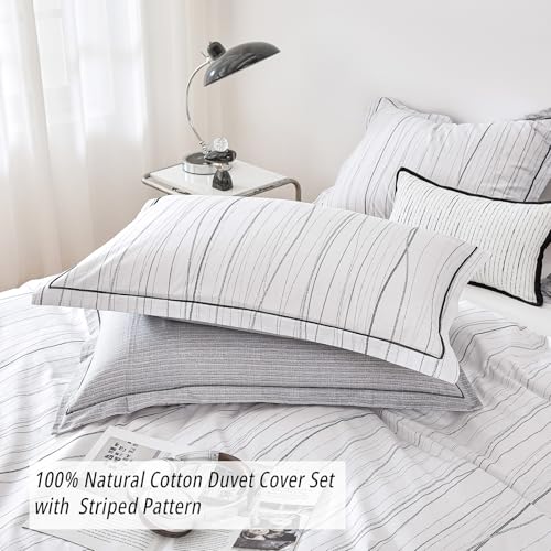 ALEISSEL Modern Urban 100% Natural Cotton Duvet Cover Sets 3Pcs - Gray Artistic Lines Pattern on White with Textured Light-Gray Reverse, Minimalist Bedding Set with Button Closure(King,104"×90" ALEISSEL