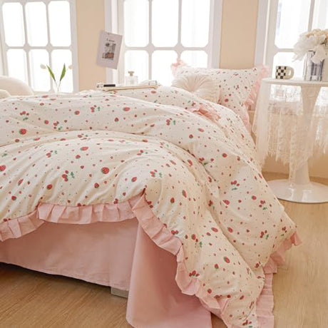 HighBuy Strawberry Print Comforter Set Twin XL Cute Fruit Bedding Set Ruffle Comforter with 2 Pillowcases Fluffy Reversible College Girl Bedding Comforter Set for All Seasons HighBuy