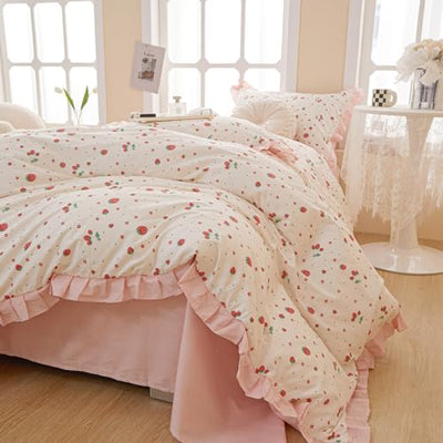 HighBuy Strawberry Print Comforter Set Twin XL Cute Fruit Bedding Set Ruffle Comforter with 2 Pillowcases Fluffy Reversible College Girl Bedding Comforter Set for All Seasons