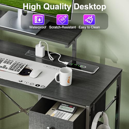 X-cosrack 33.5" Small Gaming Desk with LED Lights & Power Outlets, Compact Computer Desk with Monitor Stand & CPU Stand, Gamer Table with Storage Drawer, Side Hooks for Home Office, Bedroom, Black X-cosrack
