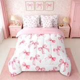 Feelyou Pink Bow Bed Set for Kids Boys Girls Queen Size Cute Dreamy Princess Style 7 Pieces Beeding Set Ultra Soft Bow Pattern Bed in a Bag with Comforter, Sheets, Pillowcases Bowknot Room Decor Feelyou
