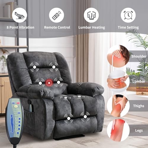 IOMOR Massage Recliner Chair with Heat and Massage, Ergonomic Overstuffed Breathable Fabric Reclining Chairs, Single Sofa Chair with Side Pockets for Living Room Home Theater (D-Gray) IOMOR
