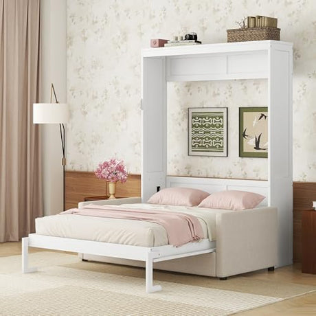 Merax Murphy Bed Queen with Couch, Queen Size Adult Murphy Wall Hidden Bed with Sofa, No Box Spring Needed, White Merax