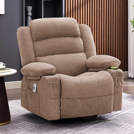 Rocker Recliner Chair with Heat and Massage, 360° Swivel Nursery Rocking Chairs for Adults, Oversized Recliner Single Sofa Seat with Cup Holders, Lazy Boy Recliner Single Sofa (Manual, Brown) Huatean Home