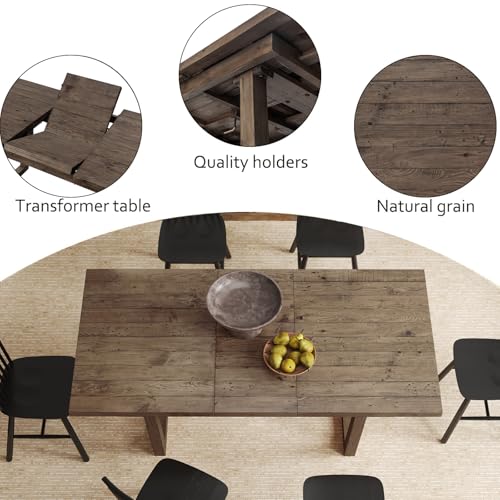 Kmax 70" Farmhouse Extendable Dining Table Set for 4-8 People, Rustic Rectangular Kitchen Table, Recycled Pine Wood Dinner Table for Dining Room Home Office, Walnut Kmax