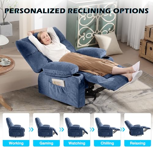 MAHOMICO Recliner Chair Oversized Swivel Rocker with Vibration Massage & Lumbar Heating, 360° Swivel, USB Charging Port, Cup Holders & Side Pocket for Living Room