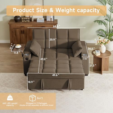 hansones 65'' 3-in-1 Folding Convertible Sofa Bed, Pullout Sofa, Modern Chenille Fabric, 360° Swivel Side Table, Easy Assembly, Perfect for Living Room(ZY-1107A-Brown) hansones
