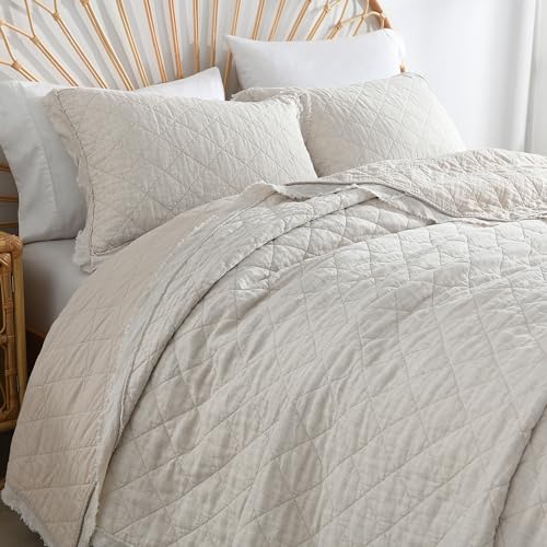 HORIMOTE HOME 100% Linen Front/100% Cotton Back Quilt Set Queen Size, Beige Pre-Washed European Flax Linen Quilt, Diamond Stitch Bedspread Coverlet Bedding Set 3-Piece for All Seasons HORIMOTE HOME