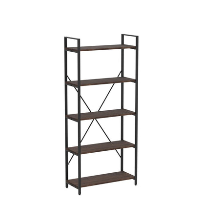 BON AUGURE 5-Tier Rustic Oak Industrial Bookshelf with Metal Frame - WoodArtSupply