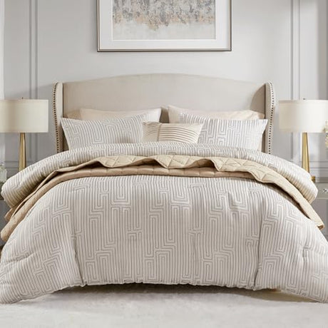 Madison Park Queen Comforter Set Jacquard Metallic Thread Comforters Queen Size Bed, All Season Comforter & Quilt Bedding Set Queen Size Comforter, Decor Pillows, Shams, Royce, Queen Ivory 5 Piece Madison Park