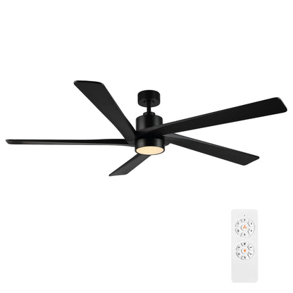 WINGBO 54" DC Ceiling Fan with Lights, 5 Carved Solid Wood Blades, 6-Speed Reversible DC Motor, Matte Black Finish Ceiling Fan with Remote, Black