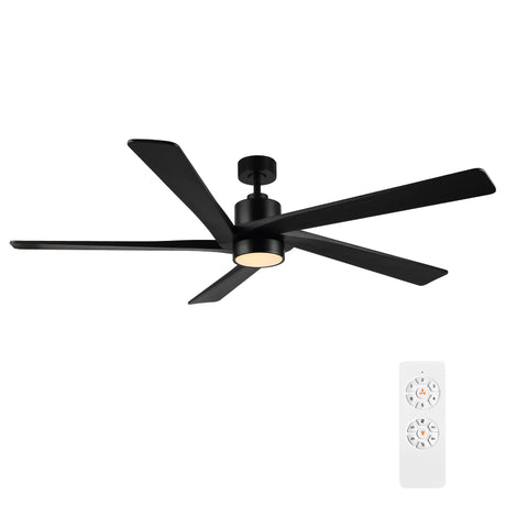 WINGBO 54" DC Ceiling Fan with Lights, 5 Carved Solid Wood Blades, 6-Speed Reversible DC Motor, Matte Black Finish Ceiling Fan with Remote, Black WINGBO