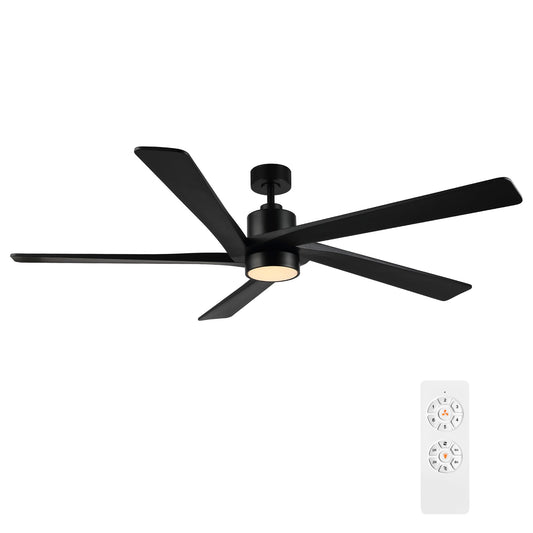 WINGBO 54" DC Ceiling Fan with Lights, 5 Carved Solid Wood Blades, 6-Speed Reversible DC Motor, Matte Black Finish Ceiling Fan with Remote, Black