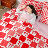 Erosebridal Ribbon Bow 7 Piece Bedding Set Full Grid Comforter Set with Sheets Plaid Check Aesthetic Coquette Kawaii Bed in a Bag Cute Bowknot Red for Kids Girls Women Erosebridal