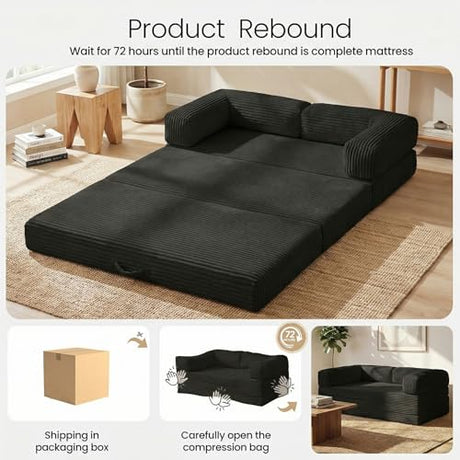 Tri-Folding Mattress Futon Sofa Bed, Convertible Foldable Mattress with Removable Armrests & Washable Cover, 5'' Floor Mattress with High-Density Foam, Small Couch Bed, No-Assembly, Full, Black Erament