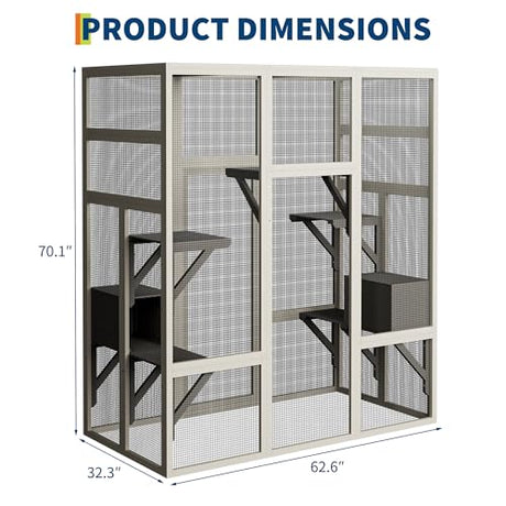 70" Large Outdoor Catio Cat Enclosure, Wood Cat Patio with Waterproof UV-Resistant Roof, Cats Shelter with 5 Platforms and 2 Resting Box, and Secure Rust-Proof Wire for Backyard or Patio IDEALHOUSE