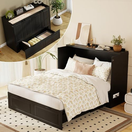 Jotirxe Full Murphy Bed Cabinet: Black Cabinet Bed with Charging Station, Cube Murphy Beds with Drawers, Modern Hidden Beds for Small Spaces, Guest Room and Office Jotirxe