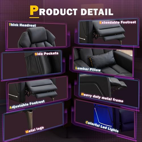 BIAOZHIKE Gaming Recliner Chair with LED Lights Racing Style Big and Tall PU Leather Gaming Chair for Adults Lumbar Support Modern Ergonomic Comfortable Home Theater Seating for Living Room (Black)