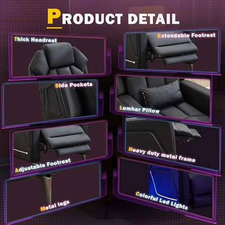 BIAOZHIKE Gaming Recliner Chair with LED Lights Racing Style Big and Tall PU Leather Gaming Chair for Adults Lumbar Support Modern Ergonomic Comfortable Home Theater Seating for Living Room (Black) BIAOZHIKE