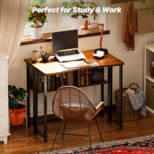 Huuger Folding Desk with Storage Shelf, 31.5 Inch Foldable Computer Table for Small Spaces, Space Saving Sofa Table for Couch, Writing Work Office Computer Desk, Easy to Fold, Rustic Brown Huuger