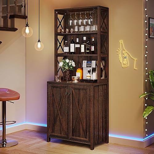 YITAHOME Bar Wine Cooler, 67" Tall Kitchen Storage Cabinet with Wine Rack, Open Storage Shelves, Farmhouse Kitchen Storage Cabinet with Wooden Doors for Living Room, Living Room, Brown - WoodArtSupply