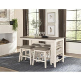Pemberly Row 5-Piece Transitional Wood & Fabric Upholstery Counter Height Dining Set with 3-Shelf Table & 4 Nailhead Trim Stools, Easily Seats 4 People, in Antique White Finish Pemberly Row