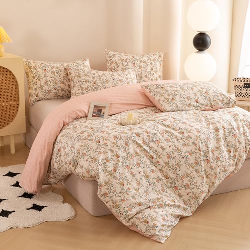 ECOCOTT Reversible Floral Duvet Cover Queen Size – 3 Piece 100% Washed Cotton Bedding Set, Soft Breathable Comforter Cover with Zipper Closure & Corner Ties ECOCOTT