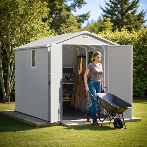 Greesum 6×10FT Plastic Outdoor Storage Shed with Floor, Resin Storaged Sheds with Lockable Double Door, Windows & Vents, All-Weather Tool Sheds for Garden, Backyard, Patio, Light Gray Greesum