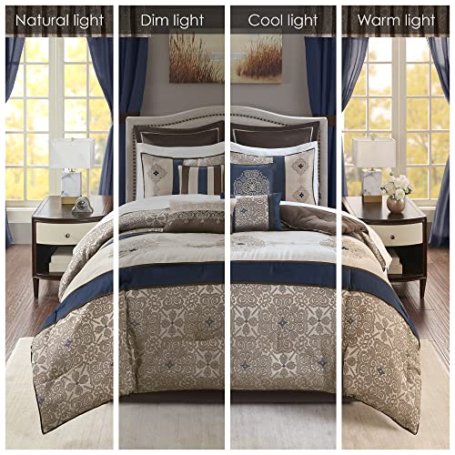 Madison Park Essentials Delaney 24-Piece Room In A Bag Comforter Set-Satin Jacquard All Season Luxury Bedding, Sheets, decorative pillows and Curtains, Valance, Queen (90 in x 90 in), Medallion Navy Madison Park