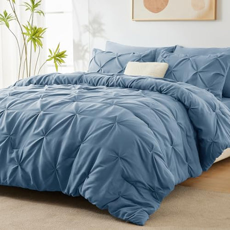 CozyLux King Size Comforter Set Grayish Blue, 7 Pieces Pintuck Bed in A Bag Blue Comforter King Size, Pinch Pleat Bedding Set with All Season Comforter, Sheets, Pillowcases & Shams CozyLux