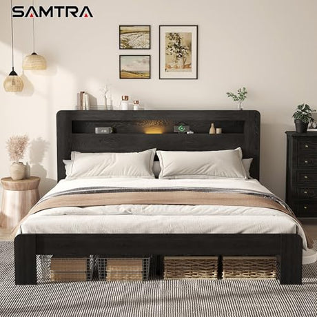 Wooden Bed Frame King Size with Storage Headboard - Farmhouse Platform Bed Frame with Bookcase Shelf & Led Lights, Sturdy Wood Slat Framework Bed Frame (Black LED) SAMTRA