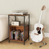 LOKO 3-Tier Rolling Record Player Stand, Mobile Turntable Stand with Power Outlet, Open Shelf & Dividers, Metal Frame, Industrial Vinyl Record Storage Table on Wheels for Living Room, Bedroom LOKO