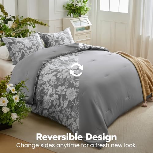 Joiedomi Queen Comforter Set Grey, 3 Pieces Floral Queen Bedding Set with 1 Soft Reversible Botanical Flower Comforter and 2 Pillow Shams, Bed in a Bag for All Seasons Joiedomi