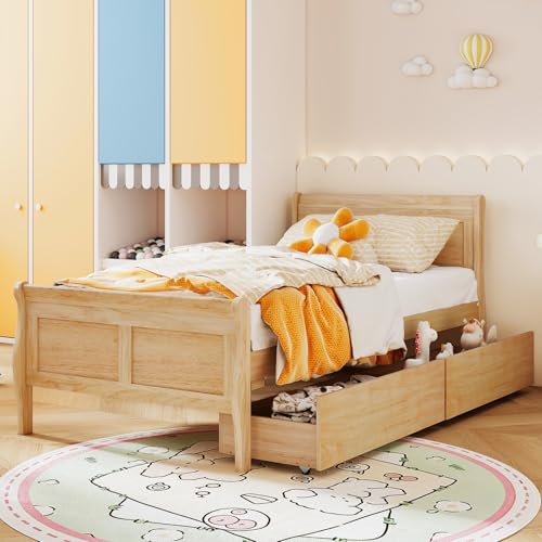 Giantex Twin Bed with 2 Storage Drawers, Wood Platform Bed with Headboard & Footboard, Wooden Slats Support Mattress Foundation, Twin Bed Frames for Kids Teens Adults, No Box Spring Needed (Natural) Giantex