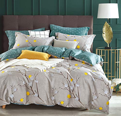 SLEEPBELLA Comforter Twin Size, 600 Thread Count Cotton Grey Branch with Yellow Turquoise Polka Dot Pattern Green Reversible Comforter Set,Down Alternative Bedding Set 2Pcs (Twin, Grey Branch) SLEEPBELLA