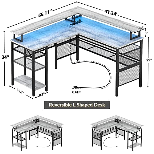 Unikito L-Shaped Computer Desk with Power Outlet, LED Strip, and Ergonomic Monitor Stand - White Oak - WoodArtSupply